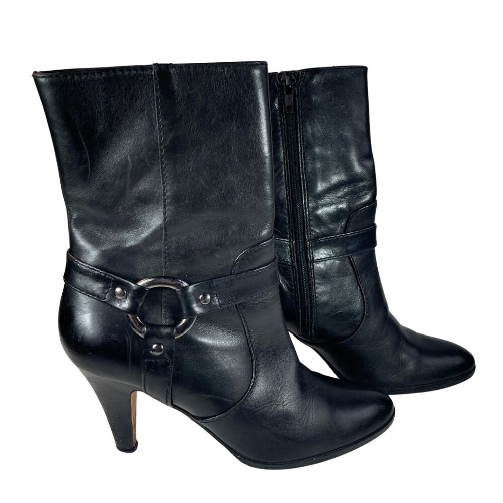 Vintage 90s Saks Fifth Avenue Black Leather Biker Boots Mid-Calf Kitten Heel 6